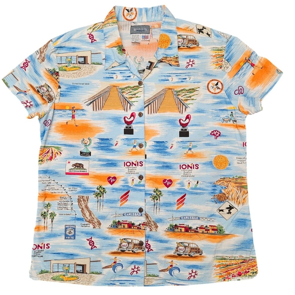 High Seas Trading Co Carlsbad Beach Shirt Womens XL Blue Cotton USA Retro Surf